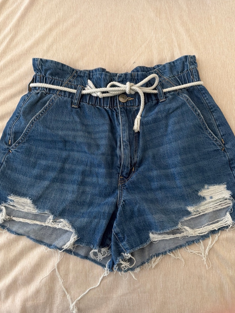 American Eagle Outfitters Blue Distressed Paperbag Denim Shorts with Rope Belt